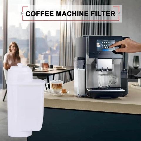8 Pack Replacement Water Filters For Siemens Eq Series And Bosch Vero Coffee Machines With Premium Activated Carbon For Straight Up Fresh Brews Total Zero Drama next to a coffee machine.
