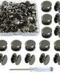 Badass Black Chicago Screws And Leather Rivets 60 Pack M5 X 4mm Heavy Duty Carbon Steel Fasteners in a clear storage box with tool.