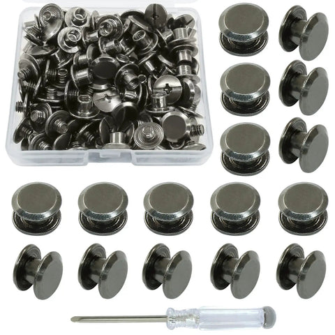 Badass Black Chicago Screws And Leather Rivets 60 Pack M5 X 4mm Heavy Duty Carbon Steel Fasteners in a clear storage box with tool.