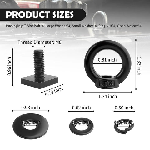 Product dimensions of 4 Piece Car Tie Down Anchors For T Slot Roof Rack M8 Stainless Steel Bolts With Retaining Rings.