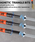 Front view of orange-handled magnetic triangle-bit screwdriver set with 2.56-in S2 steel bits and 1/4-in hex shanks.