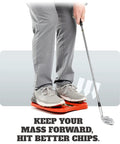 Golfer using Chipping Plate Training Tool for a killer short game balance and weight shift to improve chipping technique.