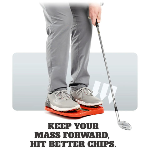 Golfer using Chipping Plate Training Tool for a killer short game balance and weight shift to improve chipping technique.
