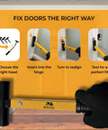 4 In 1 Door Hinge Adjustment Tool Kit for Realigning Sagging Doors and Installing Hinges displayed with adjustment instructions