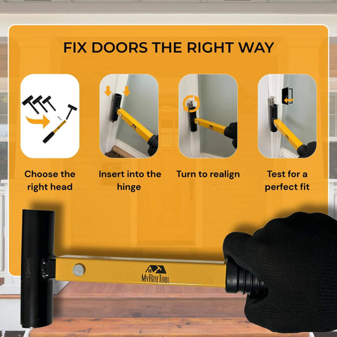 4 In 1 Door Hinge Adjustment Tool Kit for Realigning Sagging Doors and Installing Hinges displayed with adjustment instructions