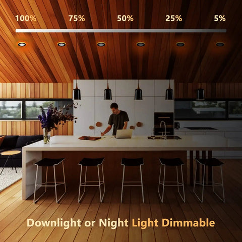 Slick 4 Inch Black Canless Recessed Lights 36 Pack shown in a kitchen setting, highlighting dimmable lighting options.