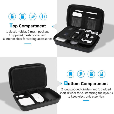 Hard Travel Electronic Organizer Case For MacBook Chargers Cables Power Bank Mouse Apple Pencil USB Drives And SD Cards Large Capacity EVA Gear Case With Durable Exterior And Soft Interior Padded Compartments, top and bottom compartments visible with organized accessories, black case open showing mesh pockets and dividers.