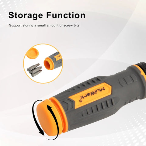 Seventy Seven Piece Ratcheting Screwdriver Bit And Socket Kit With Heavy Duty Carry Case showing storage feature with screw bits in handle.