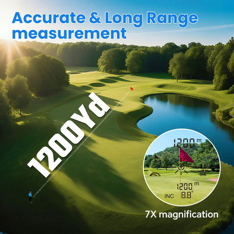 Pro Grade 1200 Yard Golf Range Finder With Slope And Flag Lock Vibration, 7X Magnification, Game Ready Lightweight Rechargeable Laser, Quick Scan, Legal Switch, Range Finder Accessory For Golf White on golf course