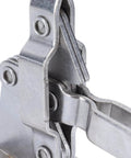 Close-up of a stainless steel Quick Release Toggle Clamp For Jigs And Workbenches With Plastic Handle Guard Fast Clamping