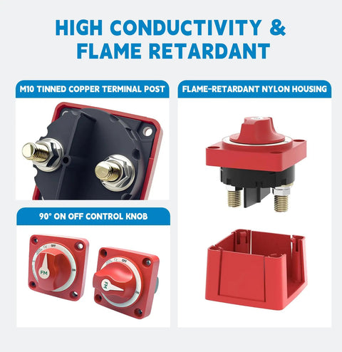 Beefed Up 300A Waterproof Battery Disconnect Switch 12V To 48V with copper terminal post and nylon housing for marine use