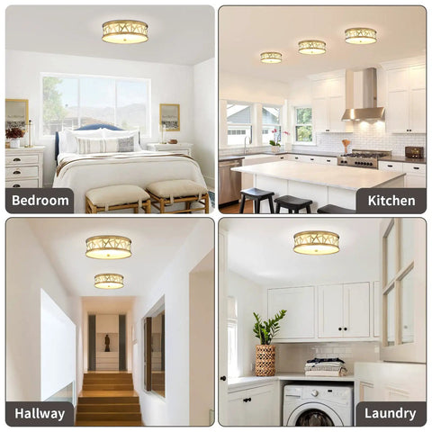 Collage of 12 Inch Birds Nest LED Flush Mount Light 16W Dimmable 3000K-5000K in bedroom, kitchen, hallway, and laundry room.