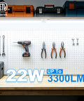 Bright 2 Foot LED Shop Light 22W 3300 Lumens 5000K Daylight above workbench with tools on pegboard