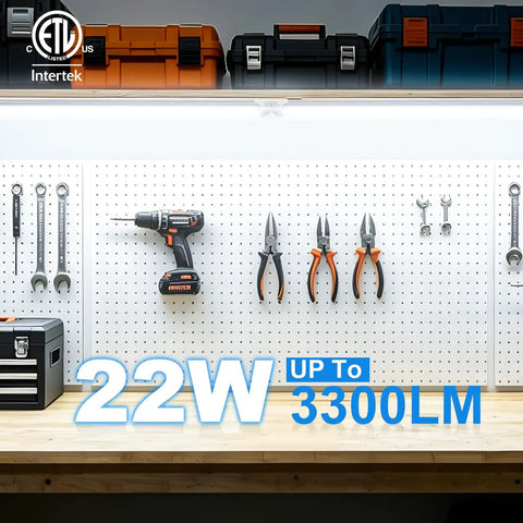 Bright 2 Foot LED Shop Light 22W 3300 Lumens 5000K Daylight above workbench with tools on pegboard