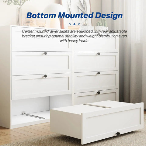 16 Inch Center Mount Drawer Slides 4 Pack Heavy Duty Hidden Rails bottom mounted under white drawer with steel bracket