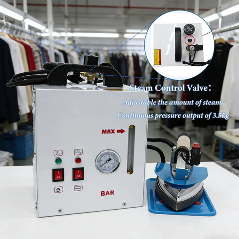 Pro Grade 110V Commercial Curtain Steamer With 4L Tank And 3KG Steam Flow, showing steam control valve and iron setup.