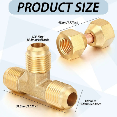 Brass Tube Fitting Kit With Flare Tee Fittings Three Eighths Inch, Brass Three Eighths Inch Female Flare Swivel Adapters, And Two Compression Tee Connectors Plus Waterproof Adhesive Tape Pack For Quick No Fuss Valve Setup. 3/8 in brass flare tee and adapter sizes