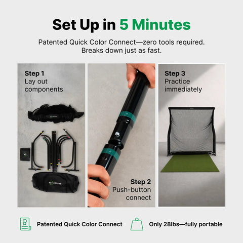 Home Series Golf Training Net 7x7 With Auto Ball Return setup instructions, showing components layout, assembly, and net ready for use.