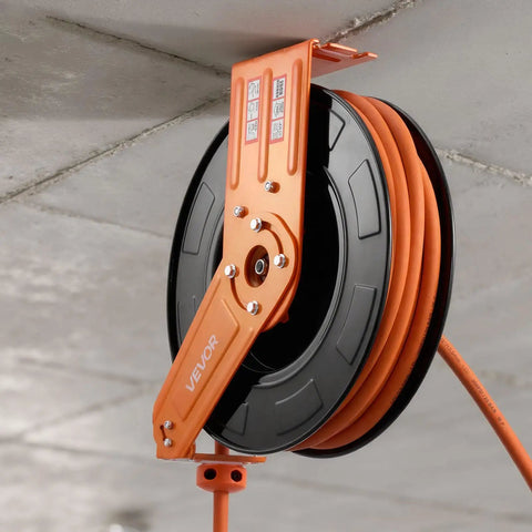 Professional Grade Retractable Air Hose Reel Half Inch By Fifty Feet Solid Rubber Compressor Line showcasing wall-mounted design.