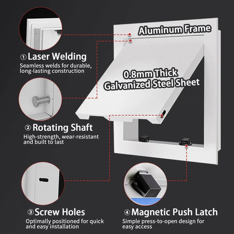 11X16 Inch White Recessed Access Panel Door For Drywall Ceiling Hella Sturdy Magnetic Latch showcasing aluminum frame and galvanized steel sheet.