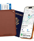 Straight Up The No Sweat Apple Find My Compatible Passport Holder With Built In Tracking And Mfi Certification Featuring Heavy Duty Rfid Shielding Plus A Three Year Rechargeable Battery For Super Smooth Trips In Brown alongside a smartphone showing tracking map.