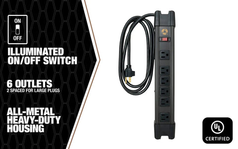Heavy Duty Magnetic 6 Outlet Metal Power Strip With 6 Foot Cord, Cord Management, Lighted On Off Switch, Surge Protection