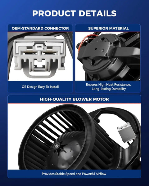 High Output AC Blower Motor With Slick Velocity Fan Assembly For Chevy Silverado 1500 2500Hd 3500Hd And Gmc Sierra 1500 2500Hd 2019 To 2024 showing OEM connector and durable fan material.