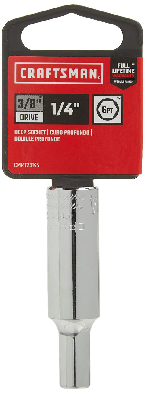 Deep SAE Socket For 3/8 Inch Drive And 1/4 Inch, 6-Point, Corrosion Resistant Chrome Finish on packaging