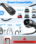 Heavy Duty Tesla Charger Extension Cable 21 Ft And 48 Amp Nacs Ev Cord illustration showing charging compatibility with Tesla models.