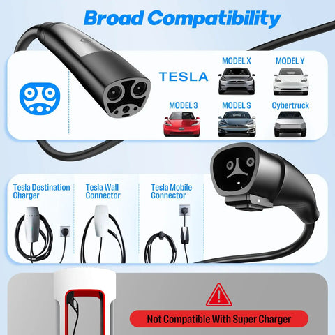 Heavy Duty Tesla Charger Extension Cable 21 Ft And 48 Amp Nacs Ev Cord illustration showing charging compatibility with Tesla models.