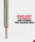 Milton S-928 tire pencil pressure gauge (front view) with built-in deflator valve, white body, PSI/kPa scale