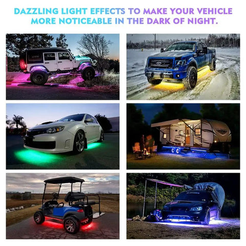Vehicles with Double Row RGB LED Underglow Light Kit With Bluetooth App Control And Wireless Remote 4 Pack Underbody Neon Lights