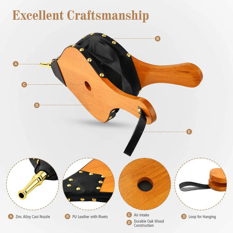 Badass Heavy Duty Oak Wood Fire Bellow For Starting Campfires And Grilling Coals Fast With A Dope Grip showing oak grain and zinc nozzle details.