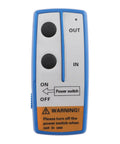 Remote control for Rock Solid 2500 Lb Electric Power Tow Winch, featuring buttons for in/out operation and power switch.