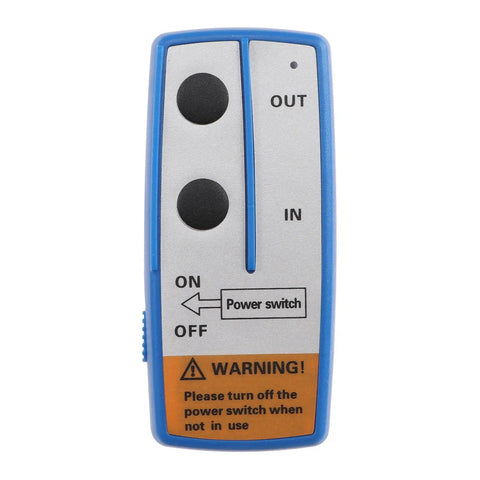 Remote control for Rock Solid 2500 Lb Electric Power Tow Winch, featuring buttons for in/out operation and power switch.