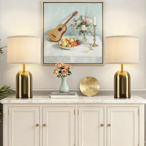 Touch Control Gold Bedside Table Lamps Set Of 2 on white sideboard with painting in background