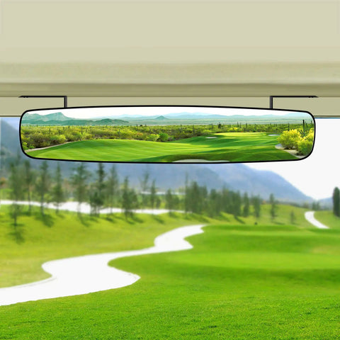 16.5 Inch Golf Cart Rear View Mirror With No Fuss 150 Degree Curved Design For EZGO Yamaha Club Car showing wide green landscape