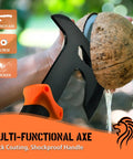 10 inch camping axe with shock absorbing rubber handle cutting a coconut, part of 15 Inch Machete And 10 Inch Camping Axe Hatchet Knife Set For Outdoor Survival.