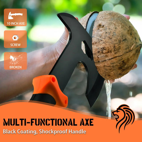 10 inch camping axe with shock absorbing rubber handle cutting a coconut, part of 15 Inch Machete And 10 Inch Camping Axe Hatchet Knife Set For Outdoor Survival.