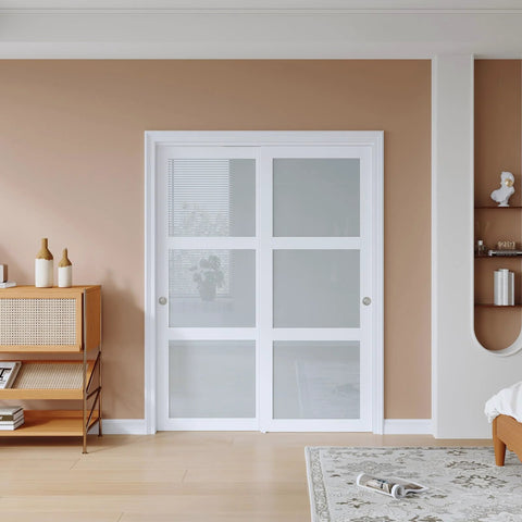 60x80 Inch Bypass Sliding Closet Door For Bedroom With Double 31 Inch Panels 3 Lite Frosted Glass Sliding Door Hardware Track Kit And Floor Guide Preassembled MDF White Pocket Doors installed in room