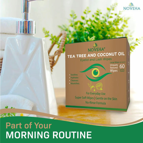 NOVEHA Tea Tree & Coconut Oil Eyelid and Lash Wipes box with 60 individually wrapped wipes
