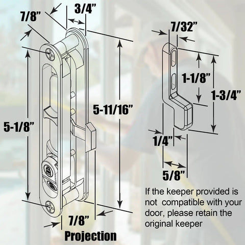 Replacement Sliding Screen Door Handle And Latch With Keeper In Black Zinc Alloy, labeled dimensions and design details