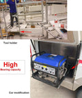 Heavy Duty Full Extension Ball Bearing Drawer Slides 68 Inch Industrial Guide Rail 500 Pounds Capacity Built Like A Tank Glides Right Out For Shop Cabinetry, showing tool holder and generator in modified vehicle.