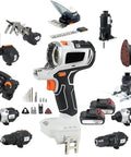 Top Shelf Brushless Cordless Power Tool Combo Kit Featuring Heavy Duty Impact Drill Electric Wrench Circular Saw Plus Two Knockout Batteries For Your Daily Grind with assorted drill attachments.