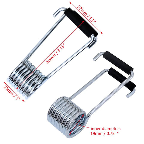 Grab These Four Pack Butterfly Spring Door Closers Featuring Slick Rubber Bumpers And A Universal Fit That Slides Right Onto Any Standard Hinge Pin For Whisper Quiet Self Closing Action On Closet Cabinet And Pantry Doors. A close-up of chrome spring hinges, measuring sizes with black rubber bumpers.