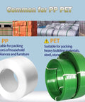 Two types of strapping materials: white PP tape for cartons and green PET tape for heavy items. Ideal for packing projects.