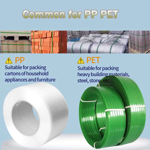 Two types of strapping materials: white PP tape for cartons and green PET tape for heavy items. Ideal for packing projects.