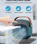 Rechargeable Mini Air Conditioner with 5200mAh Battery shown with 3 speed settings and mist function, green color