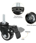 4 Pack 1.5 Inch Heavy Duty Threaded Stem Swivel Casters With Brake M8x25 Threaded Stem And Nuts Load Capacity 75 Lbs Each 300 Lbs Per Set