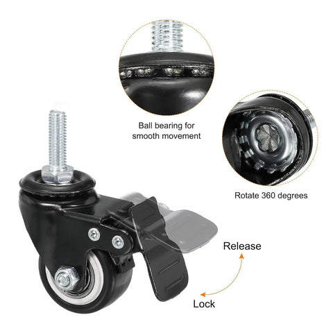 4 Pack 1.5 Inch Heavy Duty Threaded Stem Swivel Casters With Brake M8x25 Threaded Stem And Nuts Load Capacity 75 Lbs Each 300 Lbs Per Set